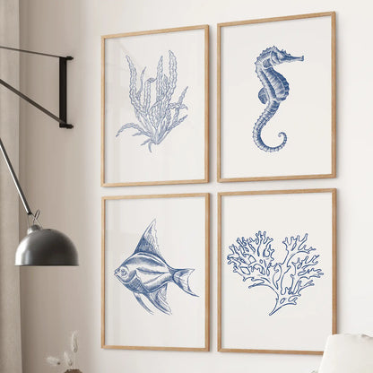 Beach house bathroom wall art. Coastal art prints seaweed marine poster decor. Thinwood frames for living room.
