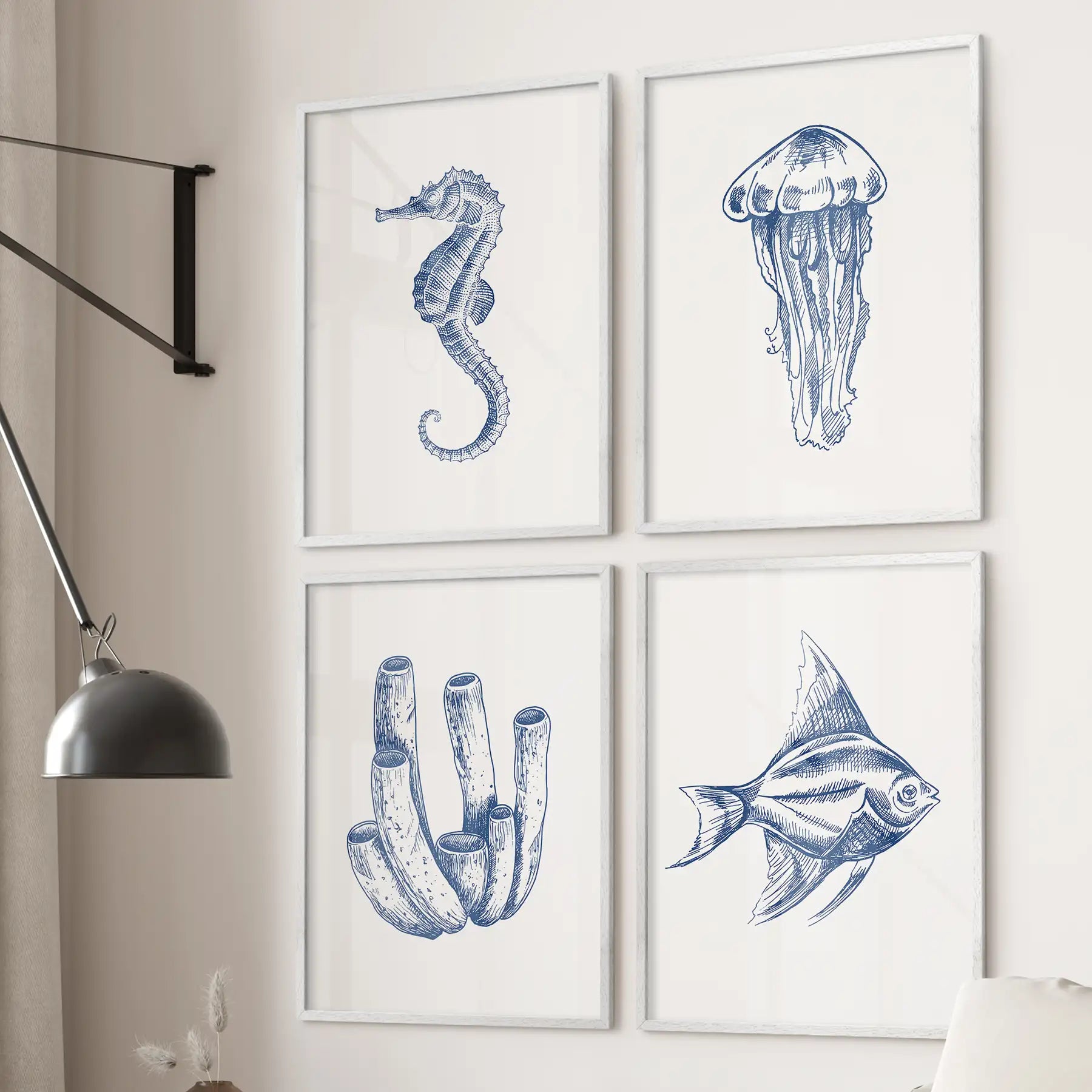 Coastal wall art sea animal home decor. Minimalist ocean wall art prints. White frames for bedroom.