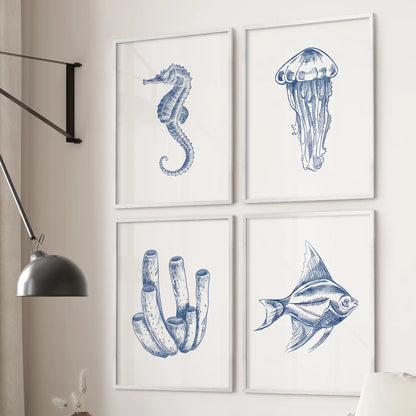 Coastal wall art sea animal home decor. Minimalist ocean wall art prints. White frames for bedroom.