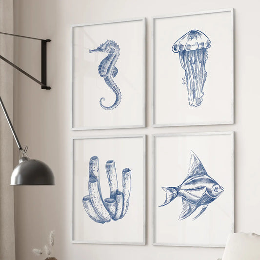Coastal wall art sea animal home decor. Minimalist ocean wall art prints. White frames for bedroom.