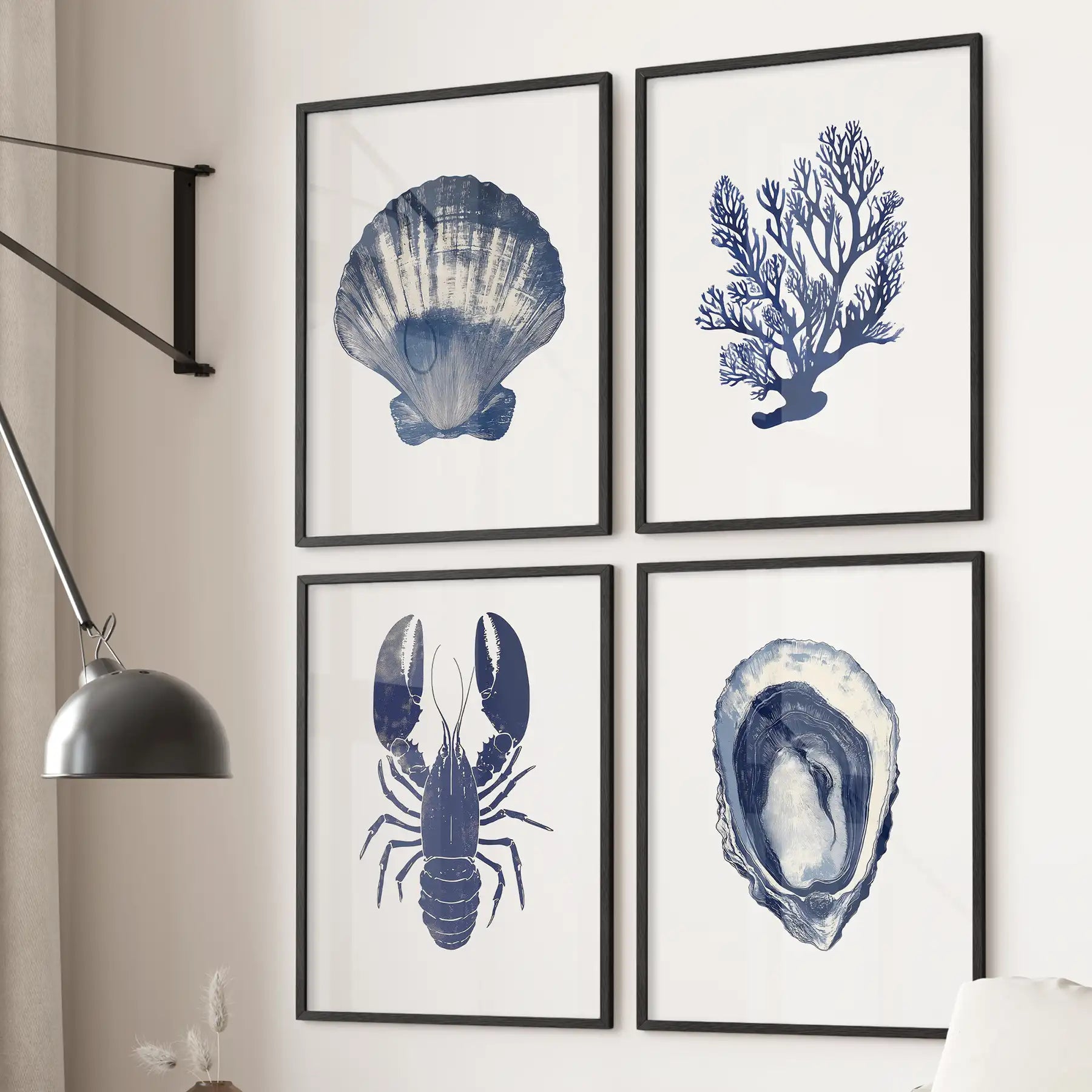 Sea Shell, coral, lobster posters. Navy blue modern large room decor. Black frames for living room.