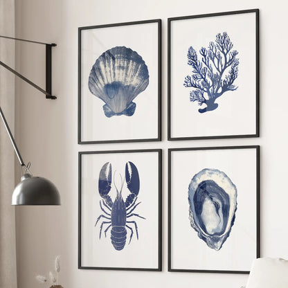 Sea Shell, coral, lobster posters. Navy blue modern large room decor. Black frames for living room.