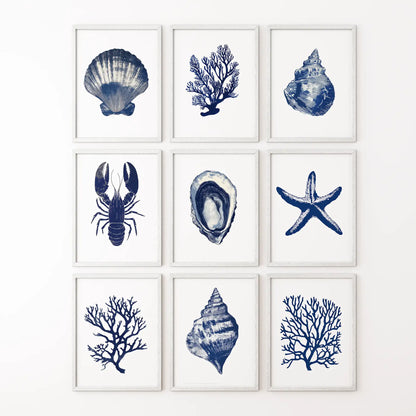 Ocean painting set of corals, seaweeds and sea shells. Trendy large poster marine home decor. White frames for apartment.