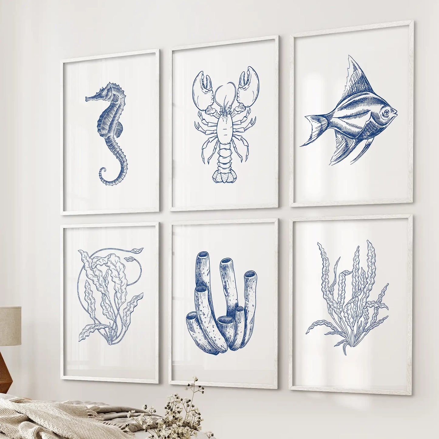 Beach cottage art prints. Set of 6 nautical modern wall art. White frames for bedroom.