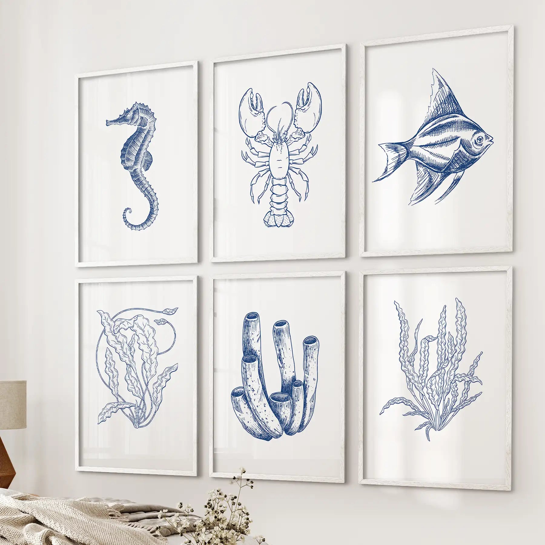 Beach cottage art prints. Set of 6 nautical modern wall art. White frames for bedroom.