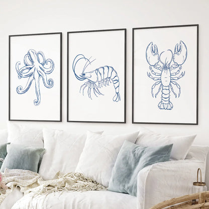 Ocean life wall decor large posters. Set of 3 octopus, lobster, shrimp modern home decor. Black frames for bedroom.