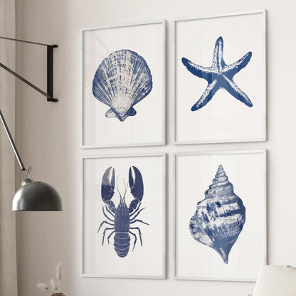 Neutral beach art poster set. Starfish, lobster, seashell modern set of 4 artwork. White frames for bedroom.