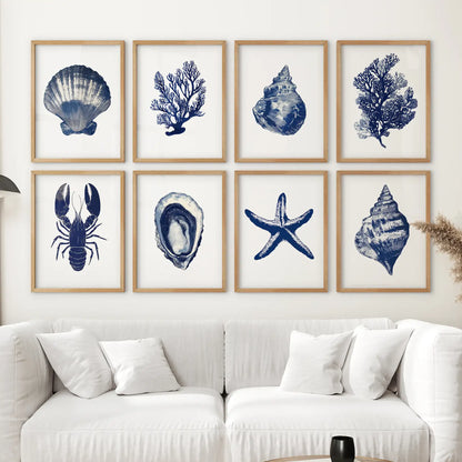 Seaweed, starfish, shell, lobster room decor. Modern watercolor marine set of 8 piece. Thinwood frames over the couch.