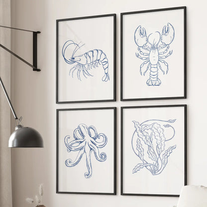 Sea life trend wall art. Minimalist contemporary coastal prints decor. Black frames for bathroom.