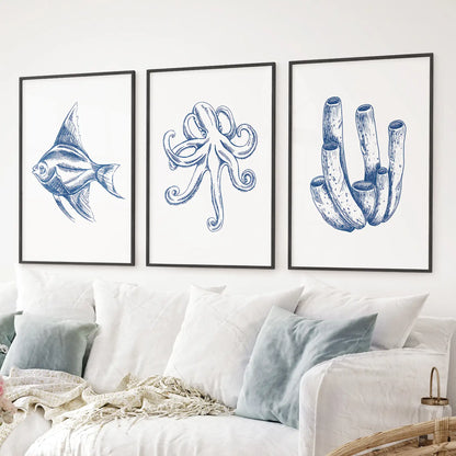 Set of 3 piece modern nautical art posters. Neutral ocean art print decor. Black frames above the sofa.