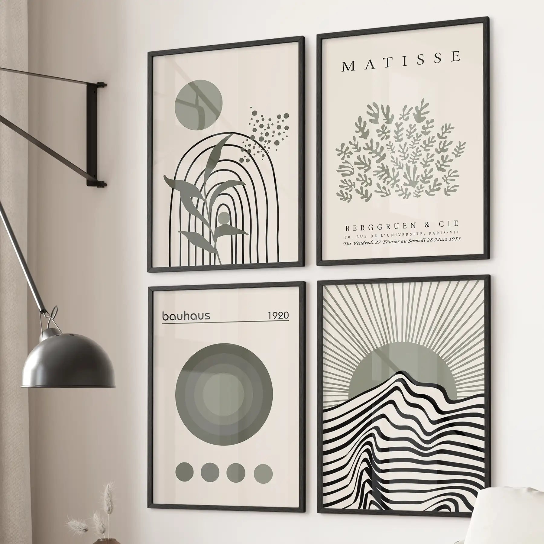 Modern abstract wall art in black frames, sage green Matisse set of 4 posters