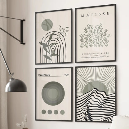 Modern abstract wall art in black frames, sage green Matisse set of 4 posters