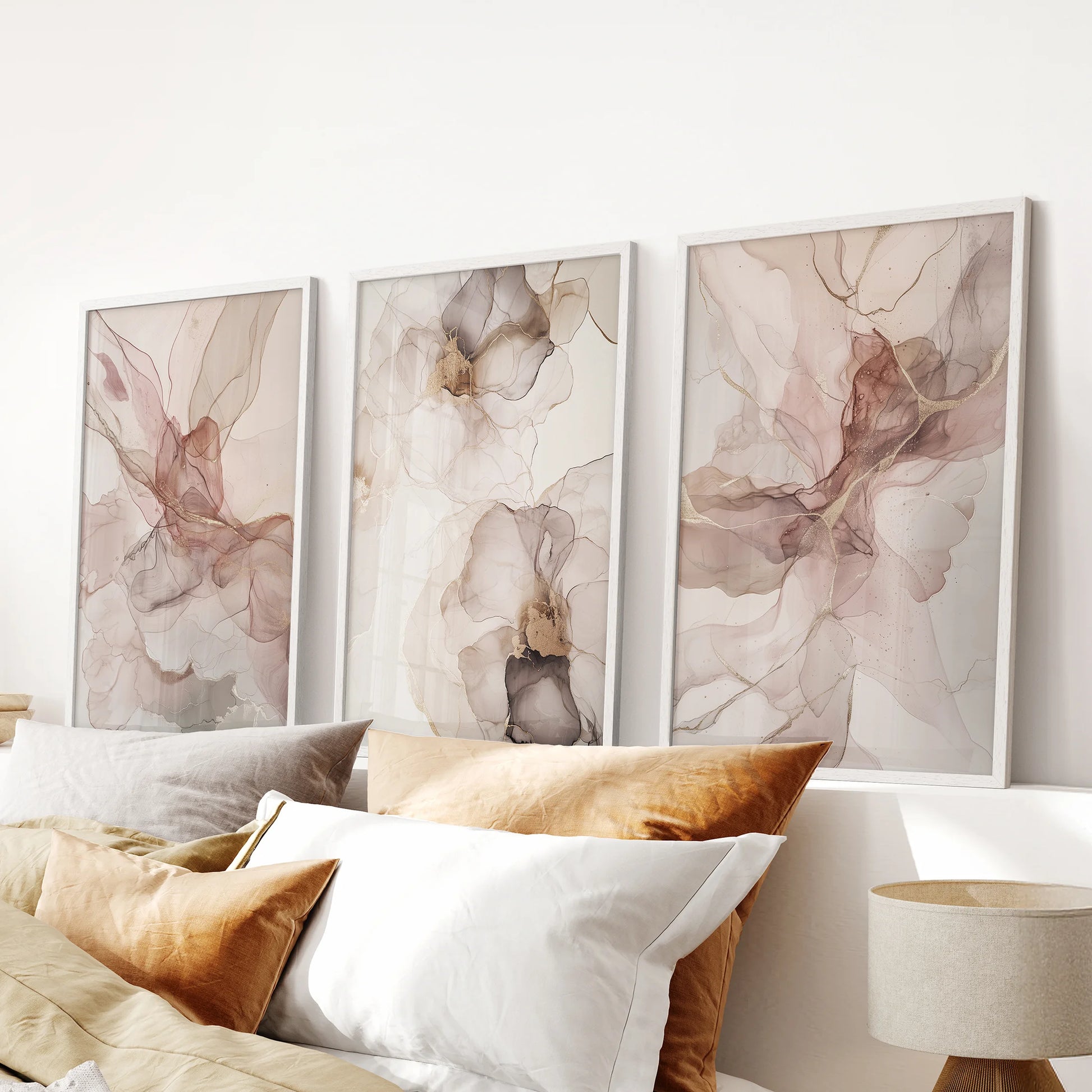 Minimal blush and beige abstract posters, 3-piece set, in clean white frames, ideal over a bedroom headboard for calm, neutral wall decor.