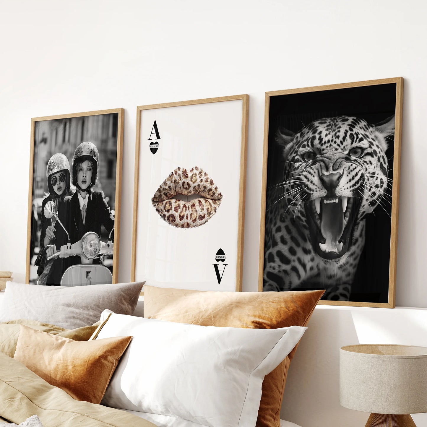 Ace playing card art, a three-piece set in light wood frames for the bedroom, styled over the bed for a bold, modern accent.