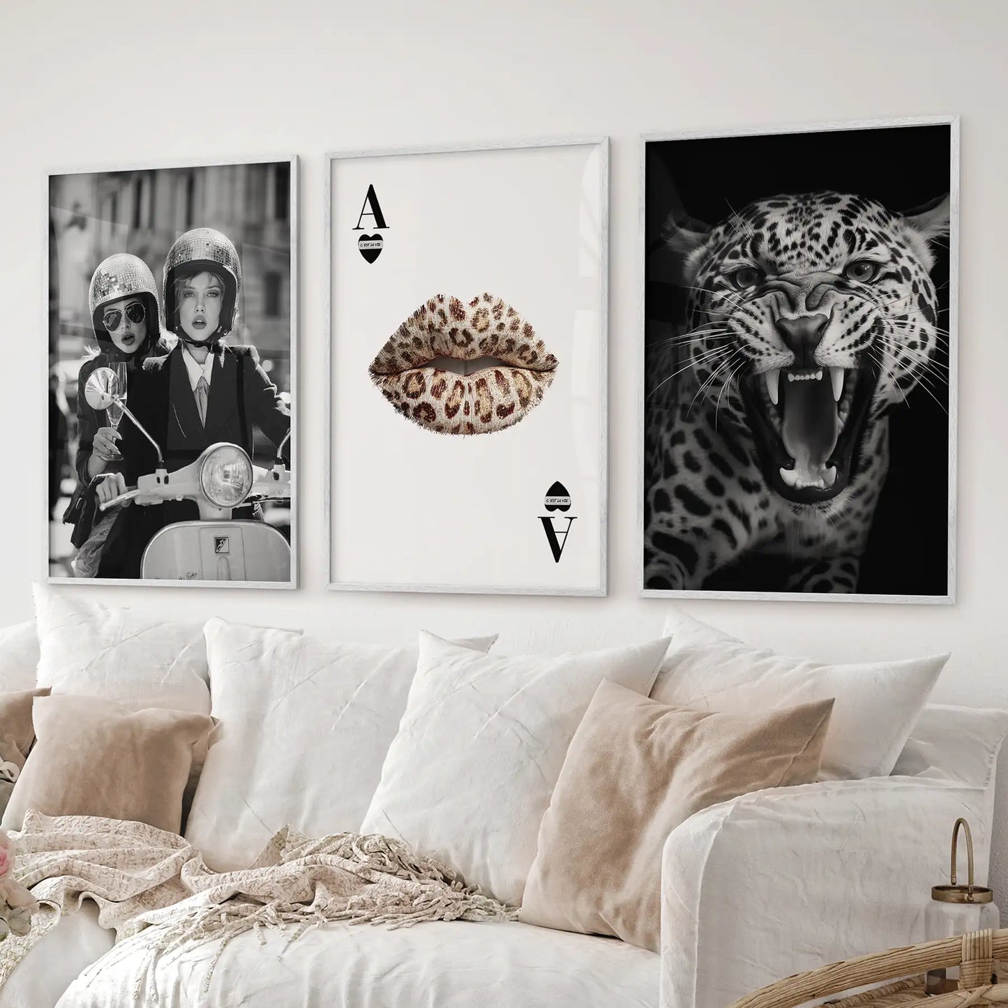 Aesthetic vintage fashion art. Luxury set of 3 wall art modern apartment decor. White frames above the sofa.
