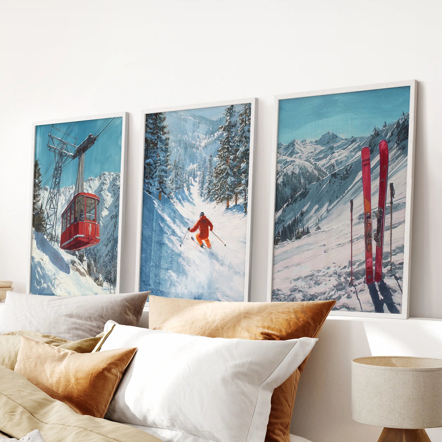 Snowy alpine peaks, a 3-piece wall art collection, suits the bedroom with matte white frames and hangs over the bed for a calm, chalet feel.