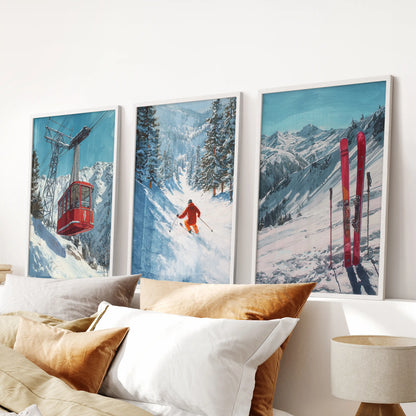 Snowy alpine peaks, a 3-piece wall art collection, suits the bedroom with matte white frames and hangs over the bed for a calm, chalet feel.