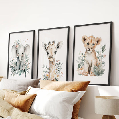 Safari animals wall art in a 3-piece set, black-framed to anchor the bedroom and sized to hang neatly over the headboard.