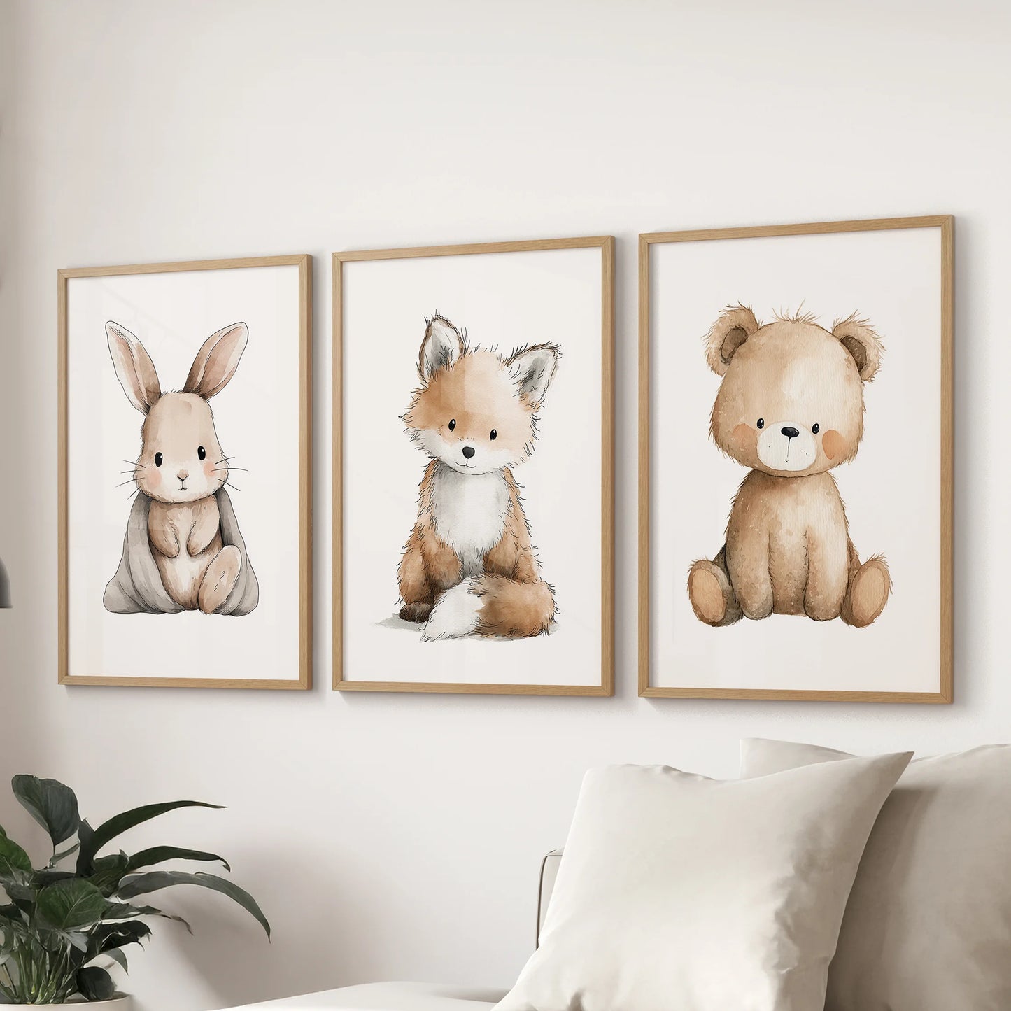 Wood-framed set of three animal friend pictures hangs behind the sofa, bringing playful character to a cozy sitting room.