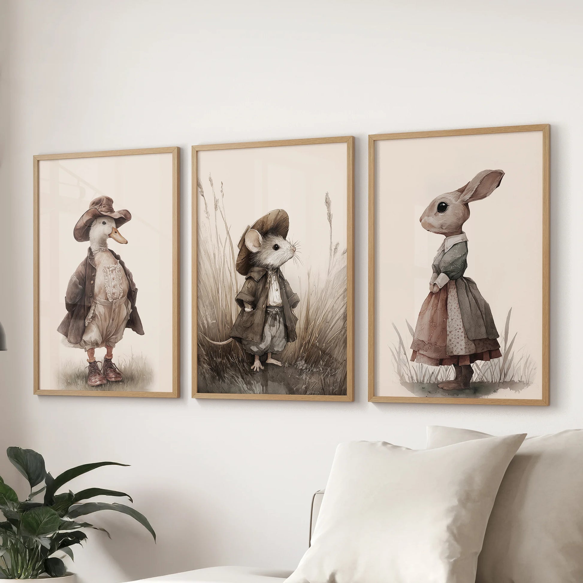 Cottagecore farmhouse animals prints, set of three in natural oak frames, displayed above the sitting-room sofa for a gentle rustic gallery look.