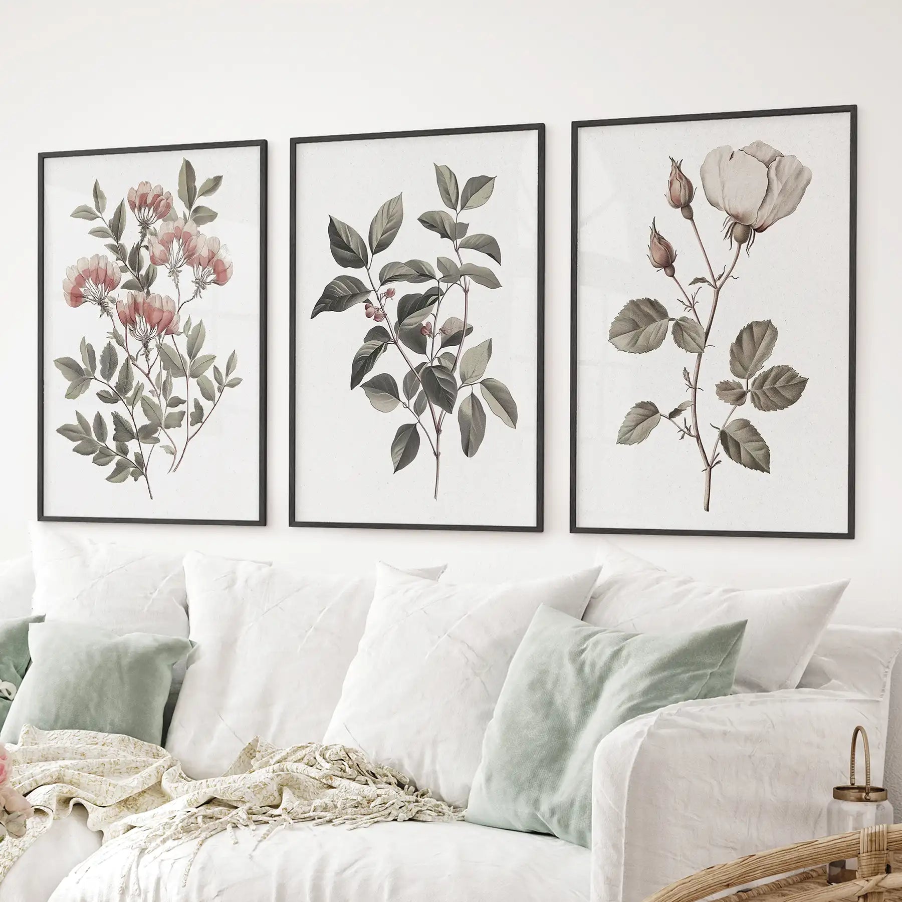 Farmhouse home decor rustic botanical painting. Minimalist wall art bedroom prints. Black frames for living room.