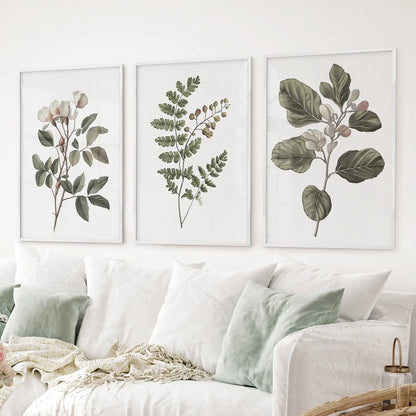 Green leaf artwork set of 3. Plant lover gift large prints. White frames for living room.