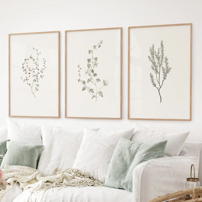 Rustic vintage dried flower prints in wood frames, botanical set of 3 for kitchen