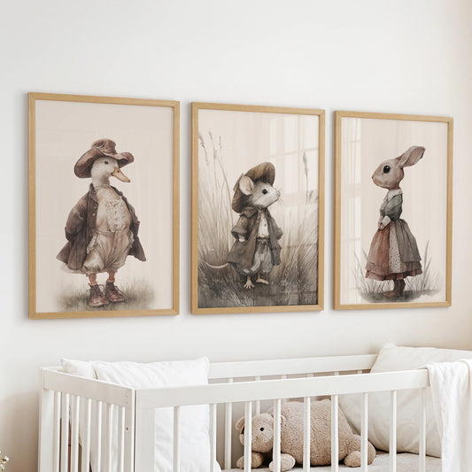 Cute mouse wall art, 3-piece artwork in natural wood frames, placed above the bassinet in the nursery with coordinating vintage goose and rabbit.