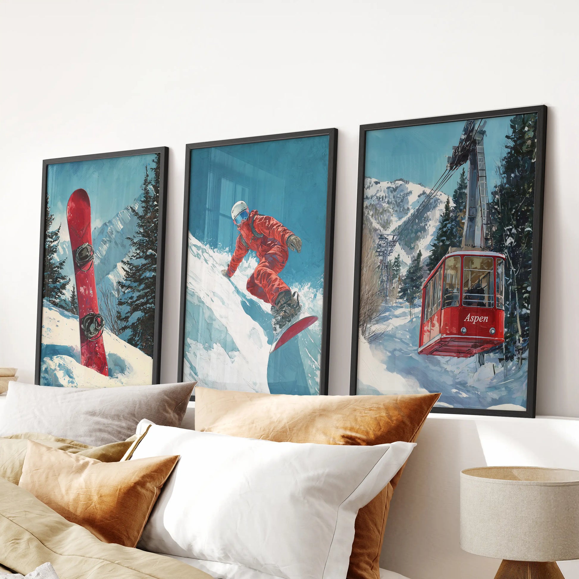 Ski lift wall prints, a set of three in black frames, span the bedroom wall above the bed with a clean, vintage resort feel.