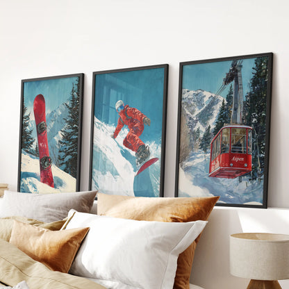 Ski lift wall prints, a set of three in black frames, span the bedroom wall above the bed with a clean, vintage resort feel.