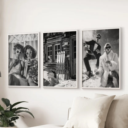 In white frames, this three-print wall art set of après-ski drinks runs above the sectional, warming the lounge with quiet lodge vibes.