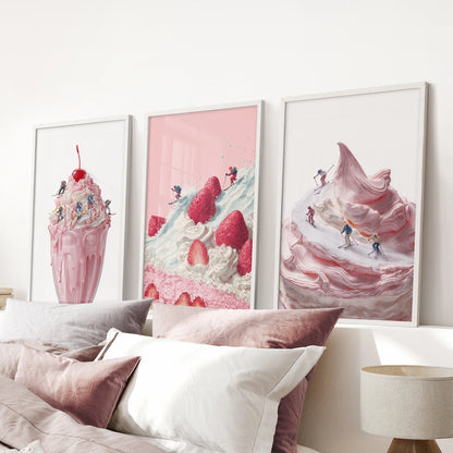 Mini skiers print set of three brings playful apres-ski wall art to a pink bedroom, in white frames hung just above the bed.