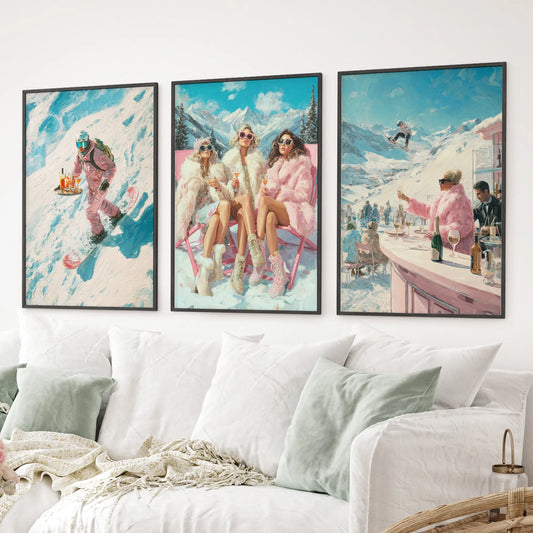 Apres ski wall art set of 3 with retro winter fashion. Black frames for living room.