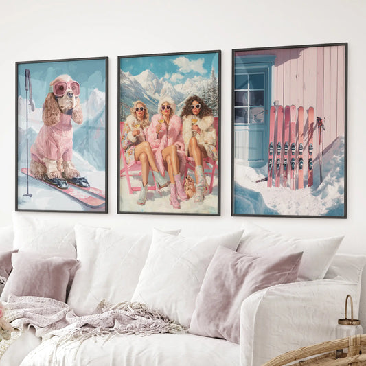 Ski lodge wall decor set of 3 – retro alpine art with dog, girls, and skis. Black frames for living room.
