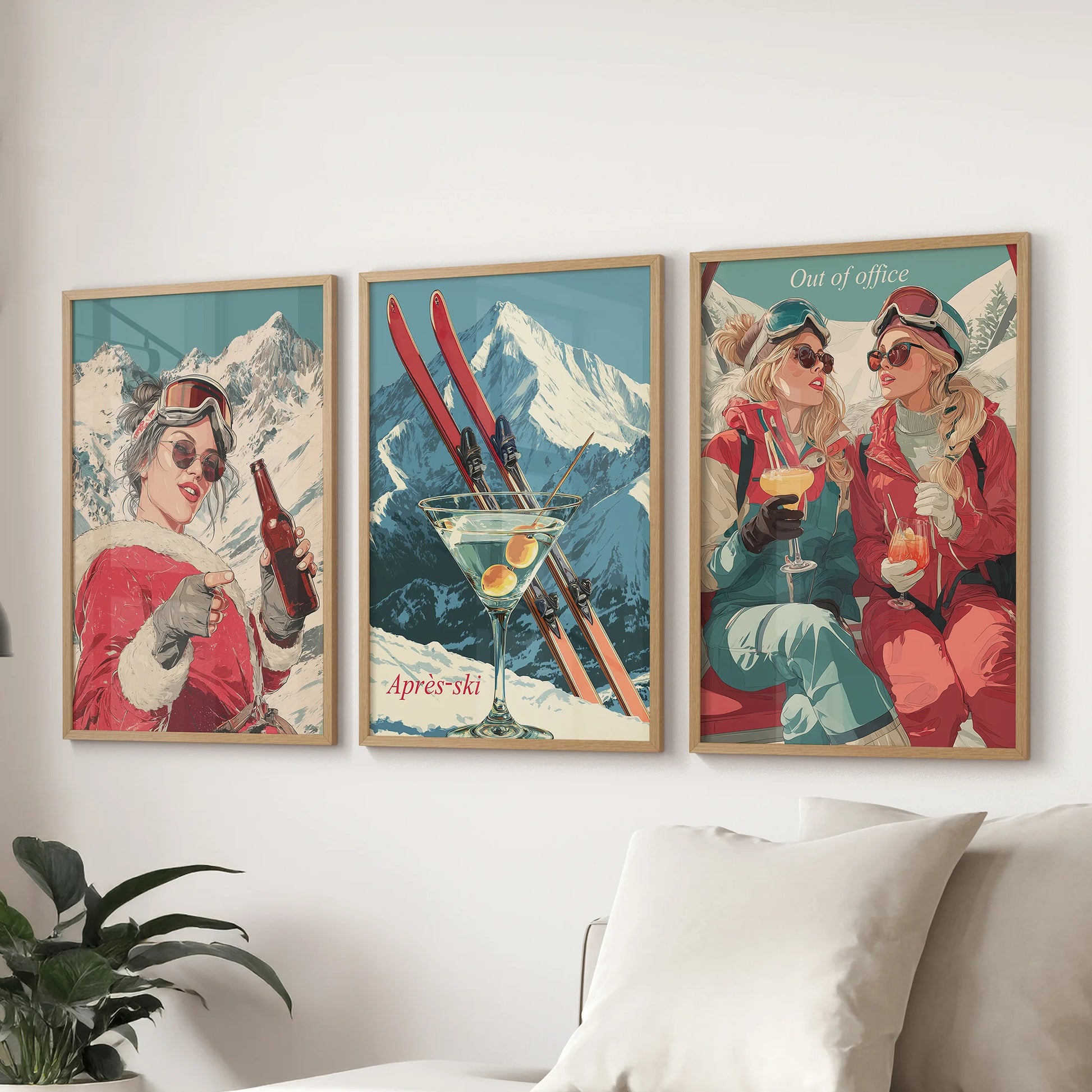 Apres-ski chalet prints, set of three framed wall art in warm wood frames for the family room, displayed above the couch with cozy lodge appeal.