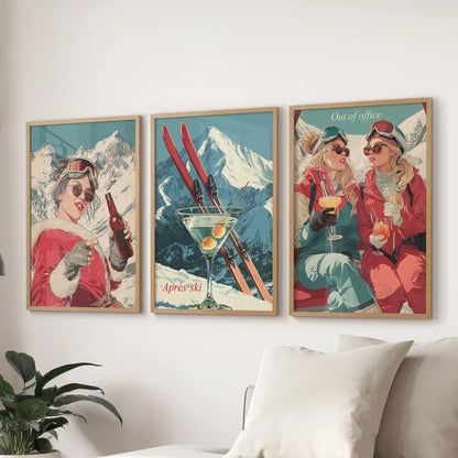 Apres-ski chalet prints, set of three framed wall art in warm wood frames for the family room, displayed above the couch with cozy lodge appeal.