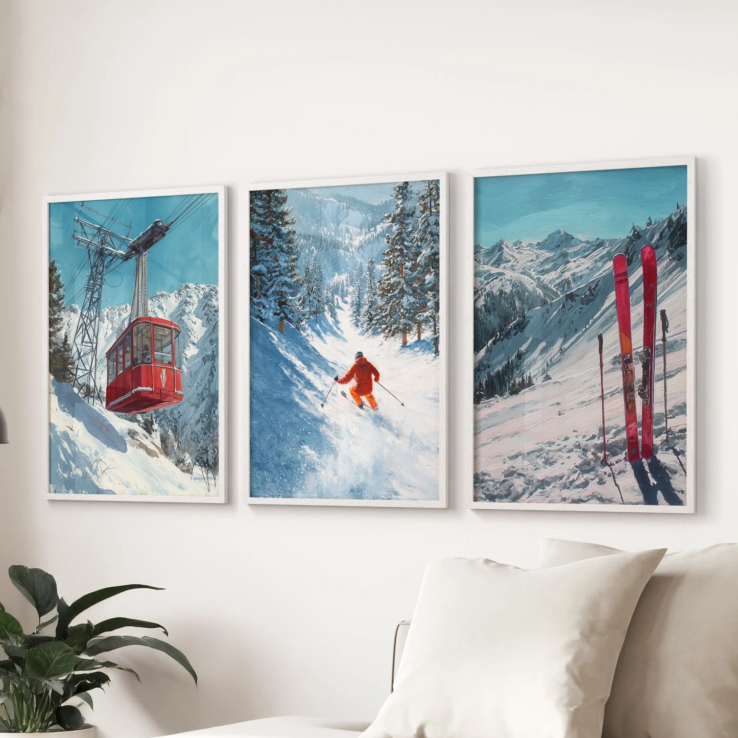 White-framed wall art trio depicting après-ski chalets, neatly hung over a sitting-room couch for cozy alpine interest.