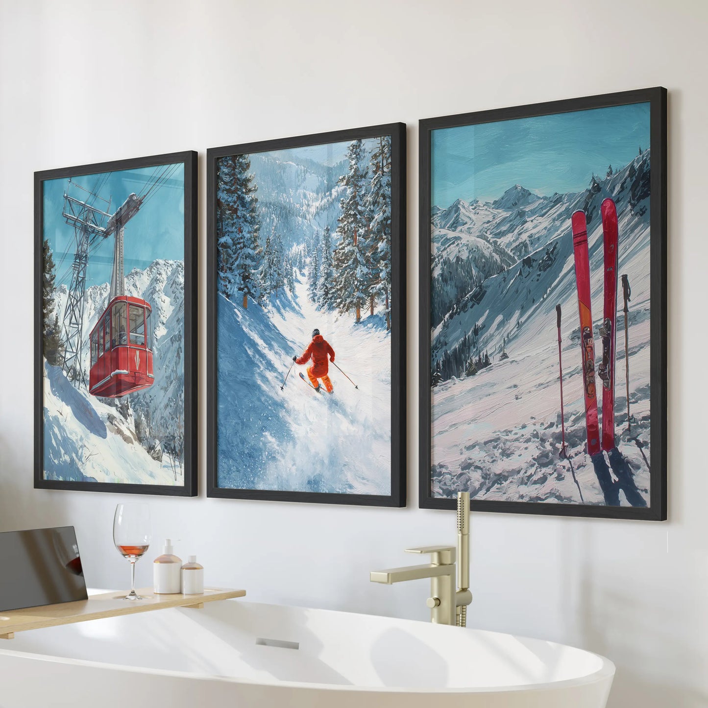 Après-ski chalet scenes, a set of three wall prints, finished in black frames for a bathroom and arranged to hang over the bathtub in vintage style.