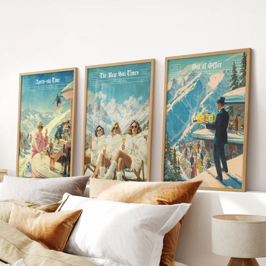 Winter Ski Resort Wall Art Set. Alpine Après Ski Newspaper