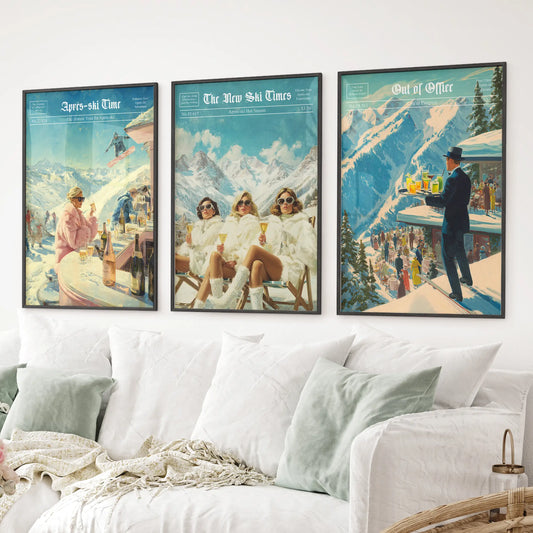 Vintage ski lodge prints showing après-ski drinks, snowy peaks, and winter fun. Black frames for living room.