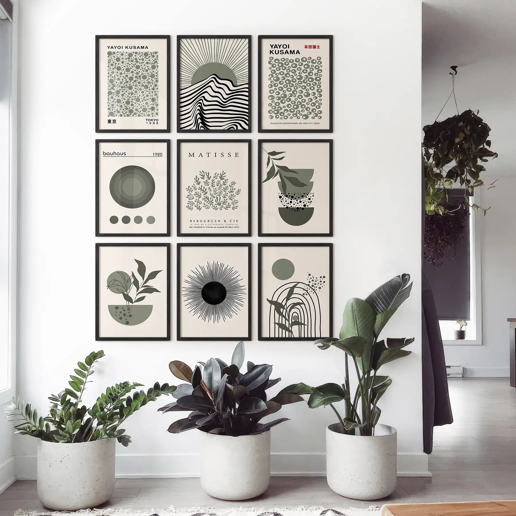 Neutral abstract art collection with contemporary graphic prints. Yayoi Kusama dots trendy wall art. Black frames for home.