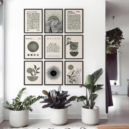 Neutral abstract art collection with contemporary graphic prints. Yayoi Kusama dots trendy wall art. Black frames for home.