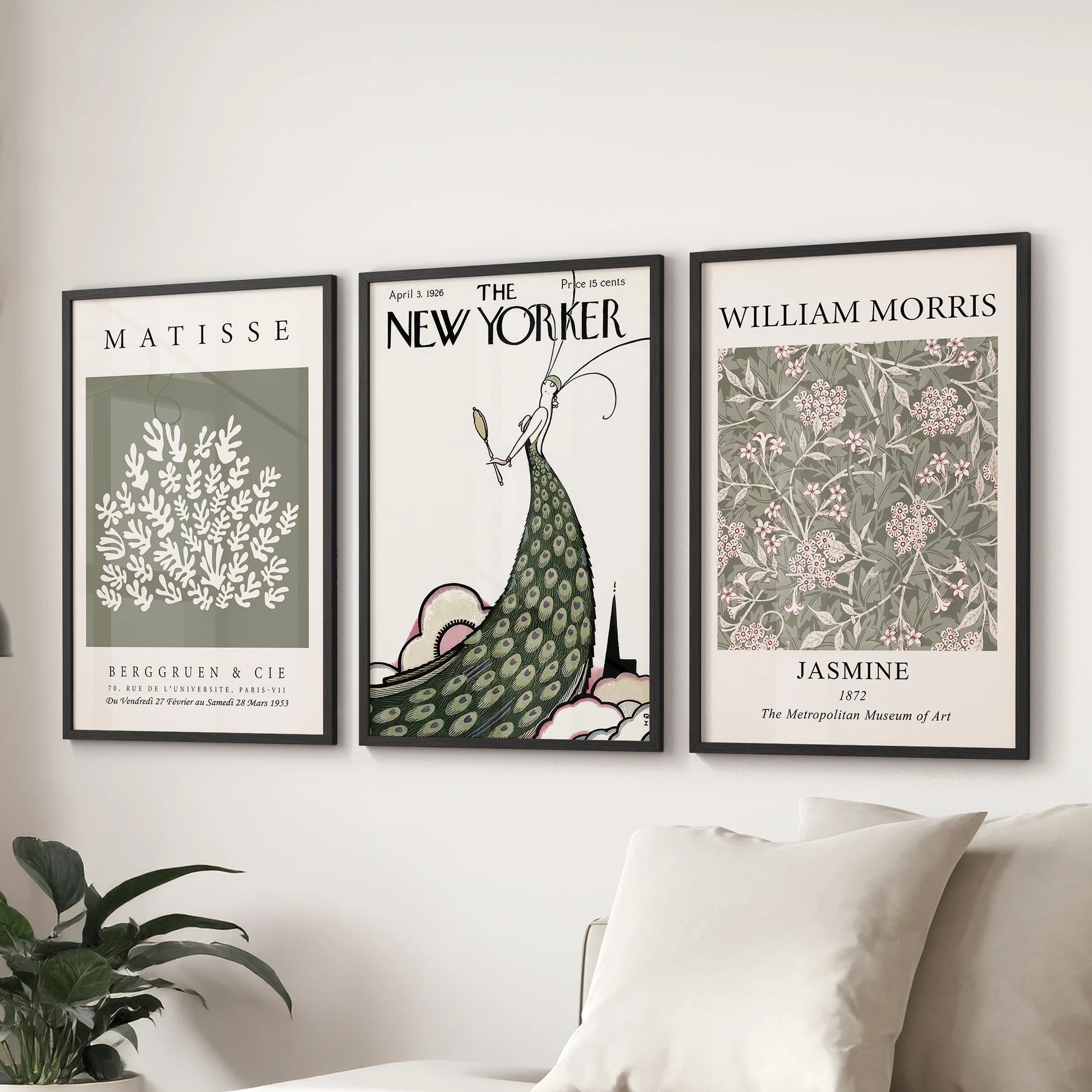 Matisse-inspired art prints in a trio arrive black-framed, ready to style above the lounge couch as a crisp gallery moment.