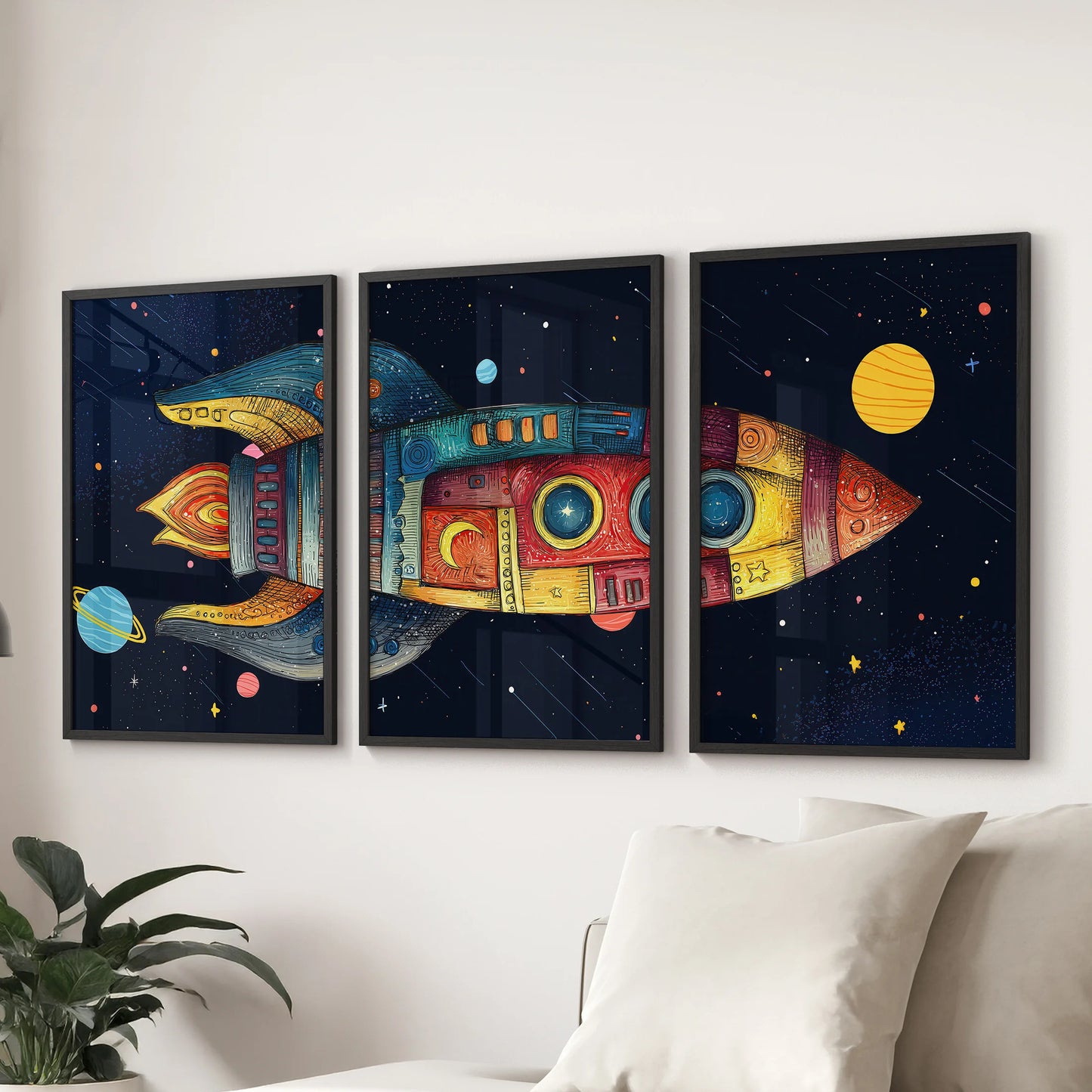 Outer space nursery prints—colorful rocket triptych in slim black frames.