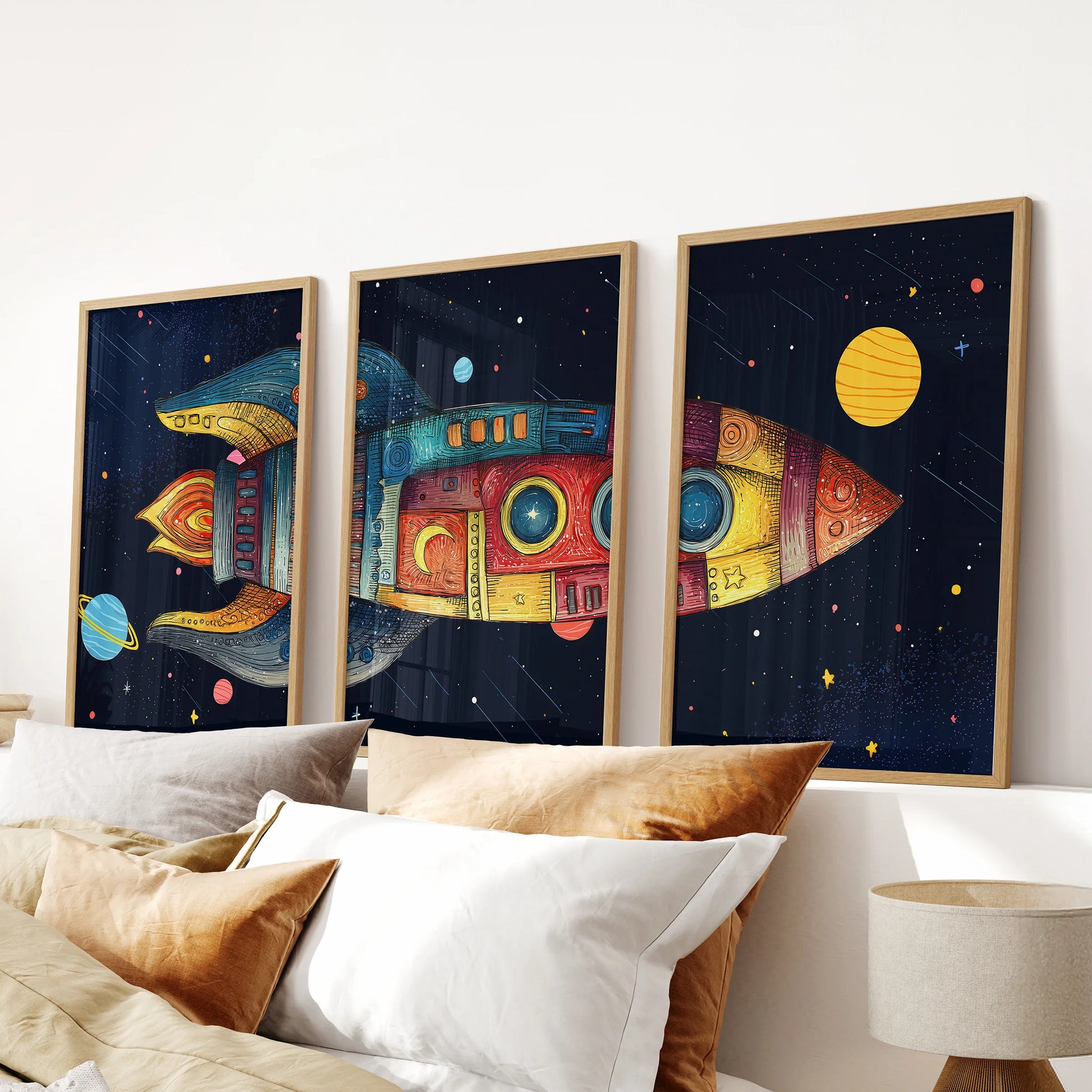 Colorful rocket illustration spanning three prints in a playful children’s room. Thinwood frames over the bed.