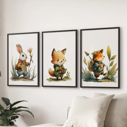 Baby animal portraits, 3 wall art prints in black frames, sit above the sectional to soften the sitting room with a calm woodland vibe.