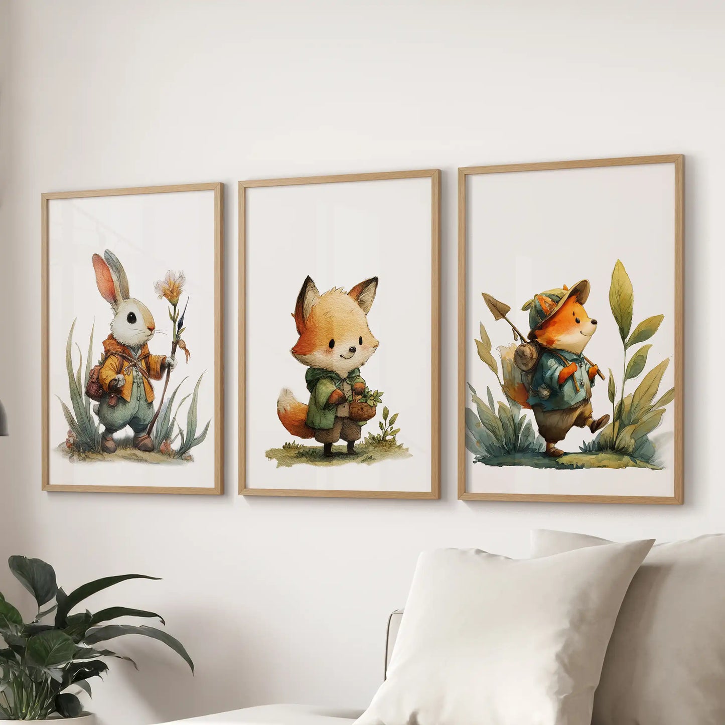 Gallery set of three wood-framed wall prints showing baby forest animals positioned above the sofa for a tranquil, nature-friendly lounge vibe.