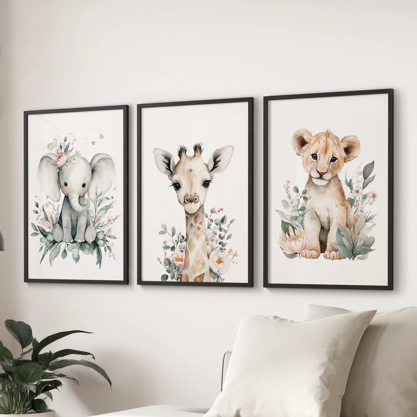 Safari nursery decor art, a three-print wall set in black frames, styled for the family room to span the space above your sectional.