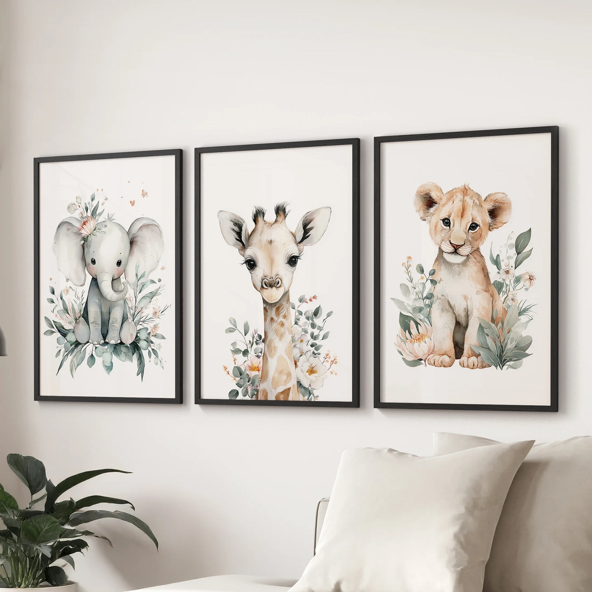 Safari nursery decor art, a three-print wall set in black frames, styled for the family room to span the space above your sectional.