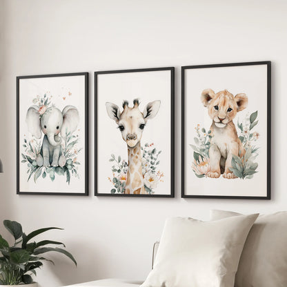 Safari nursery decor art, a three-print wall set in black frames, styled for the family room to span the space above your sectional.